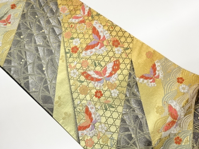 JAPANESE FUKURO OBI / WOVEN BUTTERFLY & WEEPING SAKURA